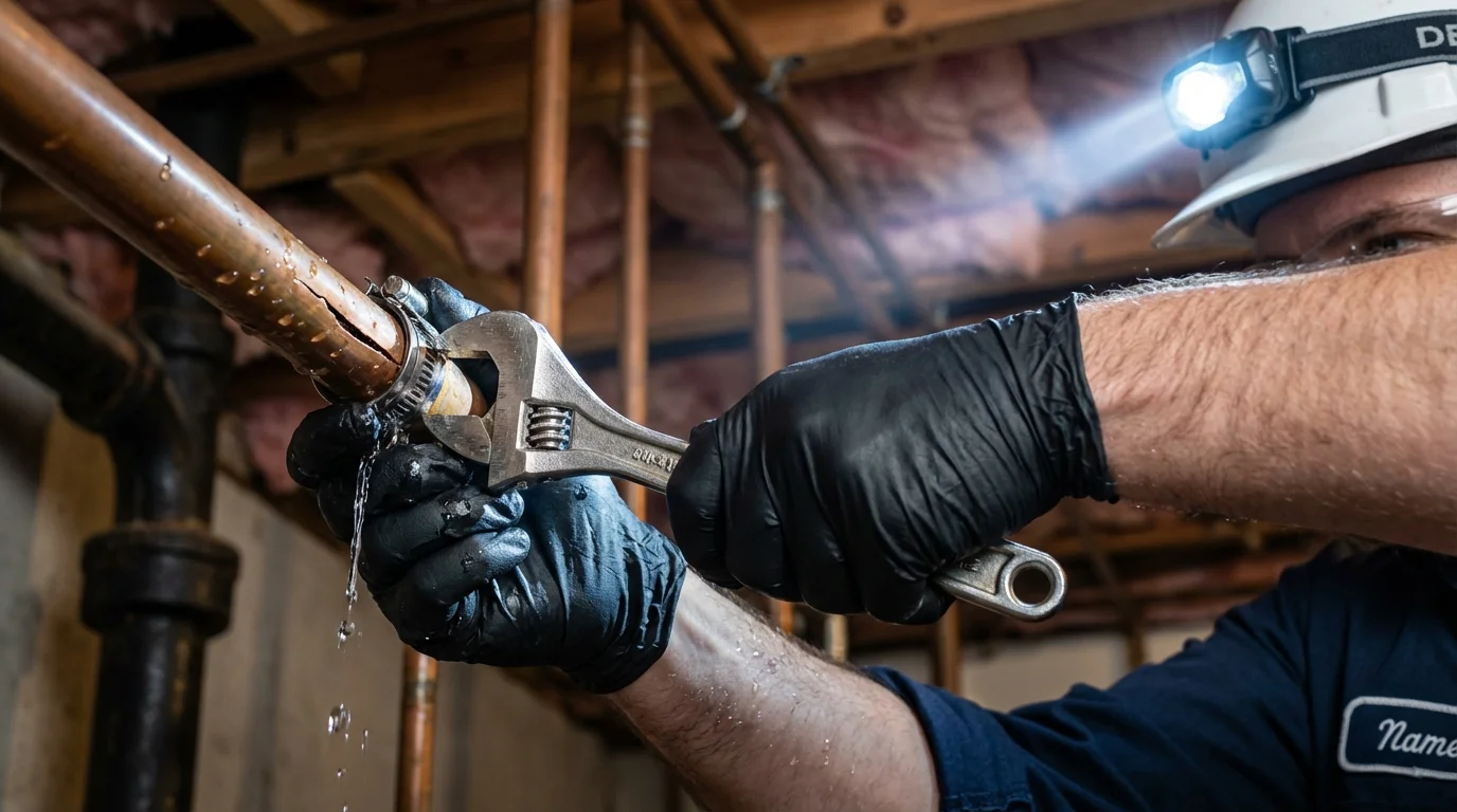 Emergency pipe clamp repair being performed by a Johns Plumbing LLC plumber in Carbondale