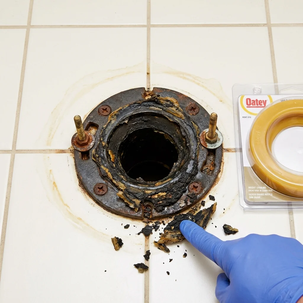 Failed wax ring showing water seepage at the base of a toilet in a Carbondale, IL home