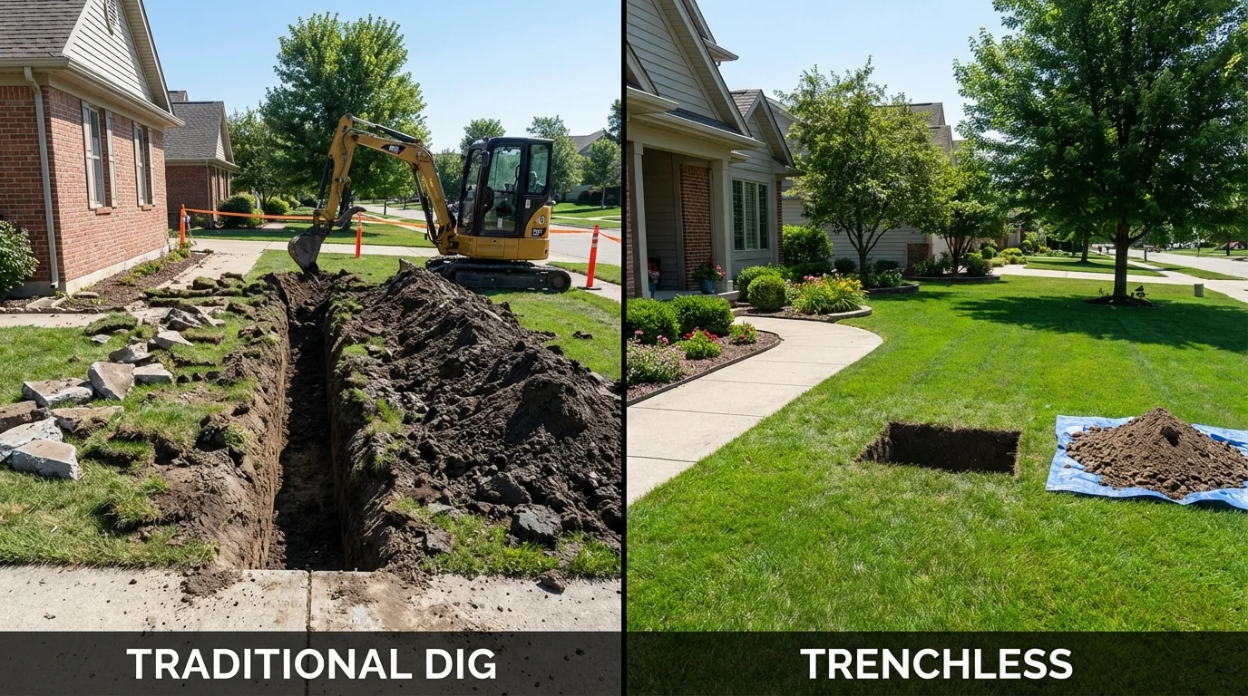 Trenchless sewer repair with minimal yard damage versus traditional excavation in Carbondale, IL