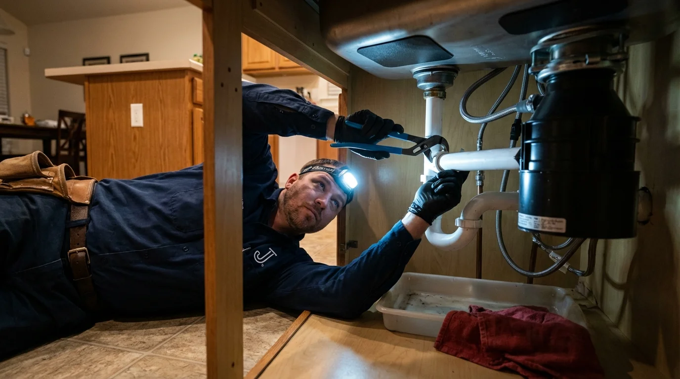 P-trap and supply line connections under a kitchen sink showing a common leak point in Carbondale, IL